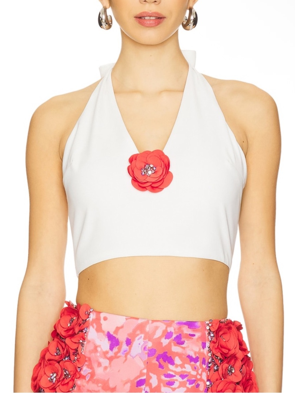 La Fuori Savannah Tank in White & Coral Floral Embellished Halter Size Large
